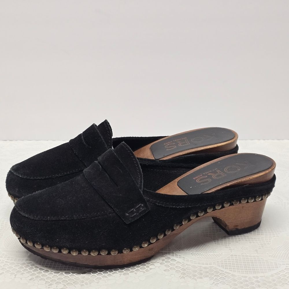 Michael Kors Vintage Black Suede Studded Wooden Clogs Mule sz 7 Italy Boho Chic